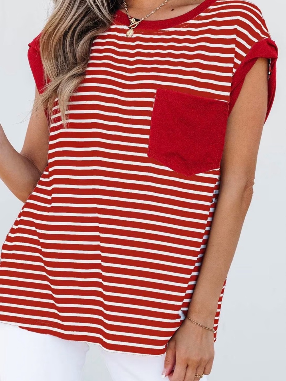Red Striped Pocket Short Sleeve Tee